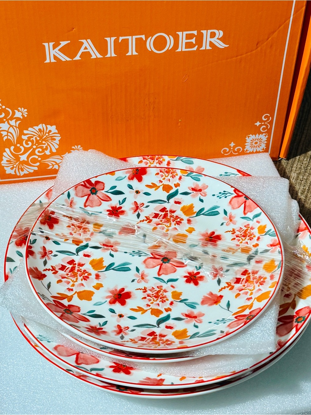 KAITOER Floral Dinner Plate Set - Coral & Teal Flowers 4 Pieces